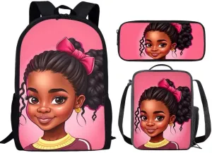 ZOUTAIRONG Black Girls Backpack with Lunch Box for Kids 6-8/10-12 African School Backpack with Lunch Bag Princess Afro Bookbag Lunchbox for Middle School 3rd Grade School Bag Pencil Case Set 3 in 1