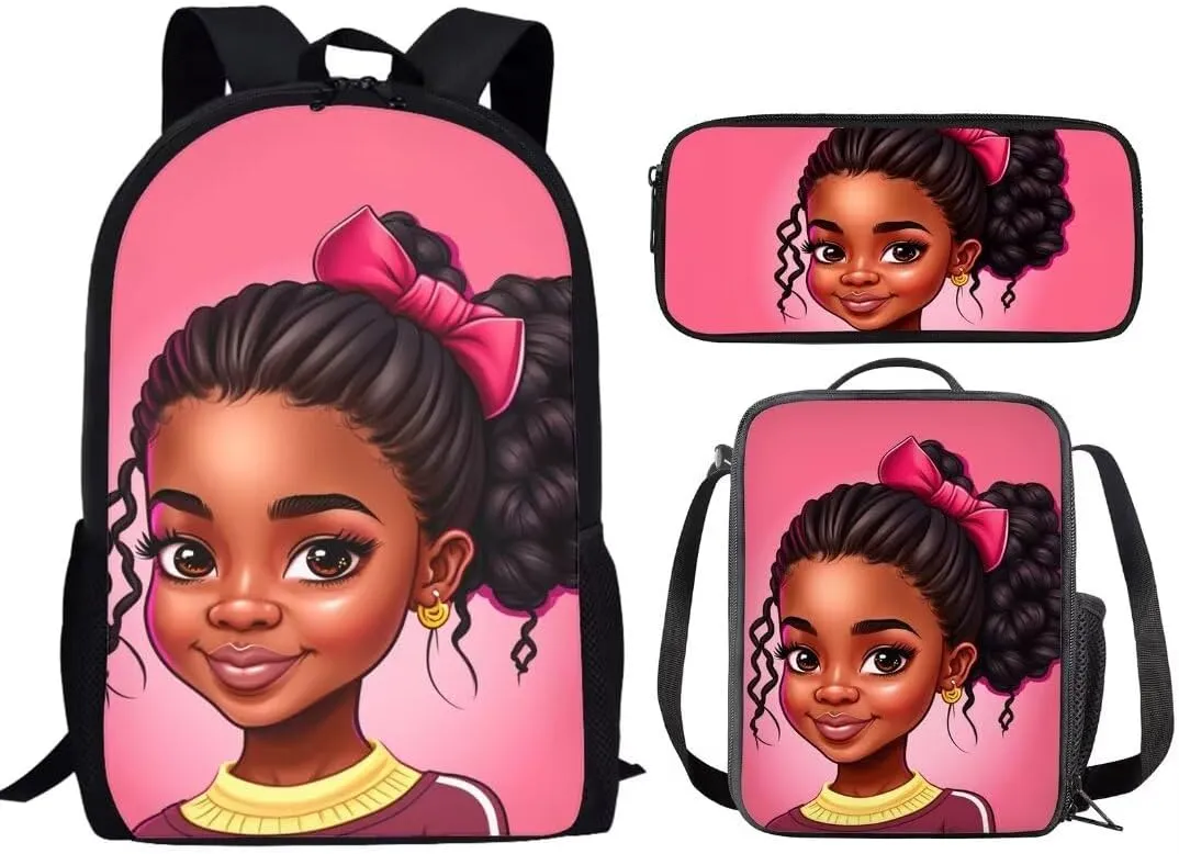 ZOUTAIRONG Black Girls Backpack with Lunch Box for Kids 6-8/10-12 African School Backpack with Lunch Bag Princess Afro Bookbag Lunchbox for Middle School 3rd Grade School Bag Pencil Case Set 3 in 1