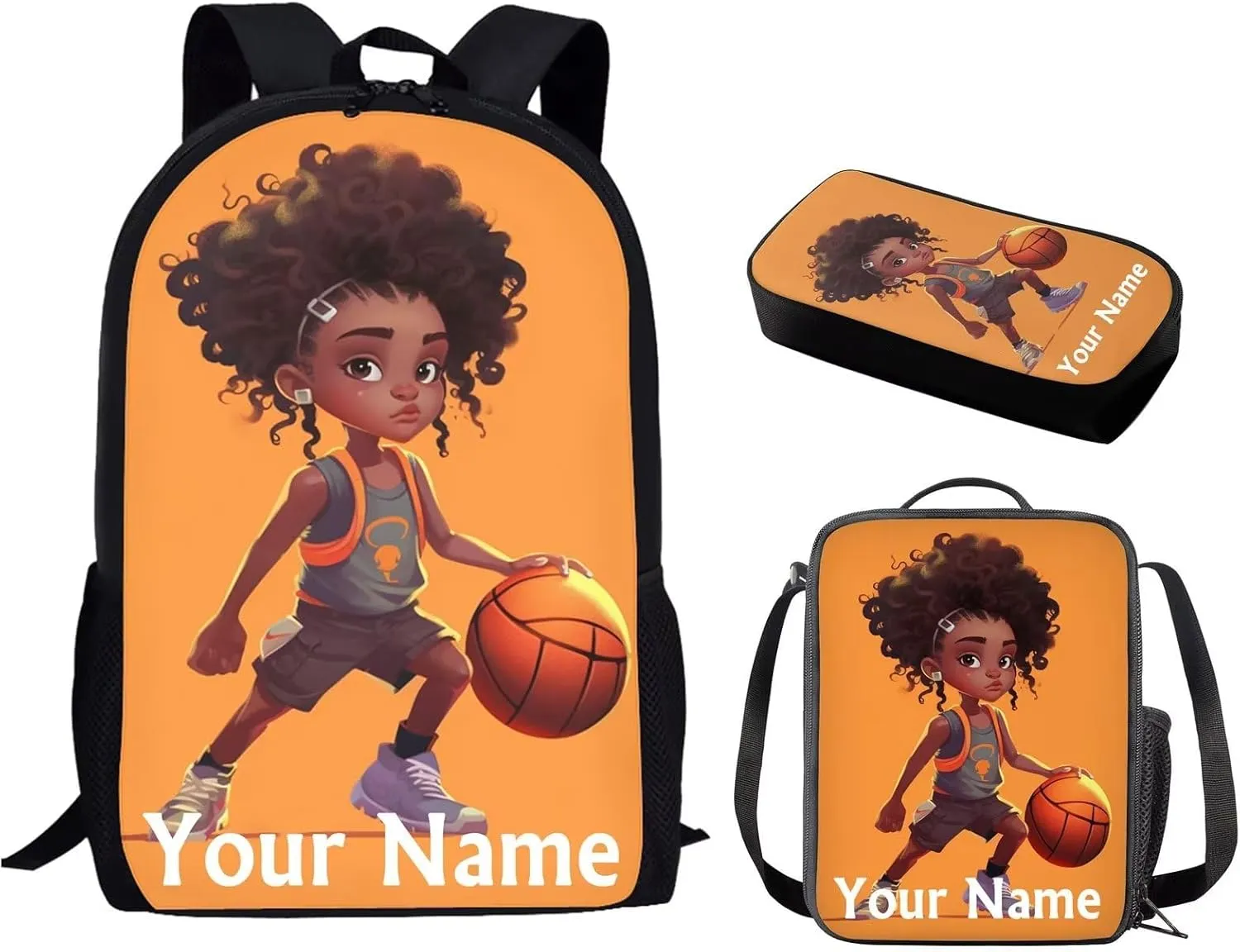ZOUTAIRONG Custom Name African Girl Backpack for School Elementary American Afro Girls Lunch Box Basketball Pencil Case Set Kids Book Bag for 4Th Grade,5Th Grade, 6Th Grade