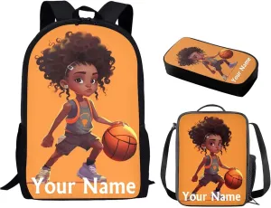 ZOUTAIRONG Custom Name African Girl Backpack for School Elementary American Afro Girls Lunch Box Basketball Pencil Case Set Kids Book Bag for 4Th Grade,5Th Grade, 6Th Grade