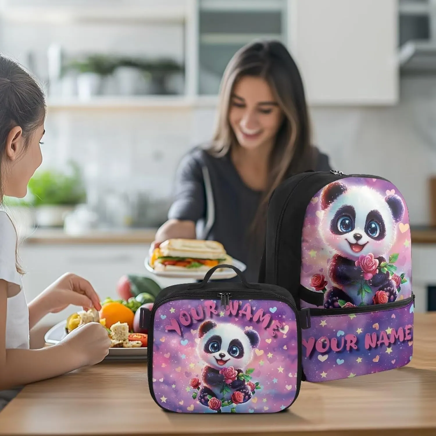 ZOUTAIRONG Cute Panda Kids Backpacks for Girls Personalized Large Capacity School Bag and Removable Dining Bag, Fashion Casual Bookbag with Side Pockets
