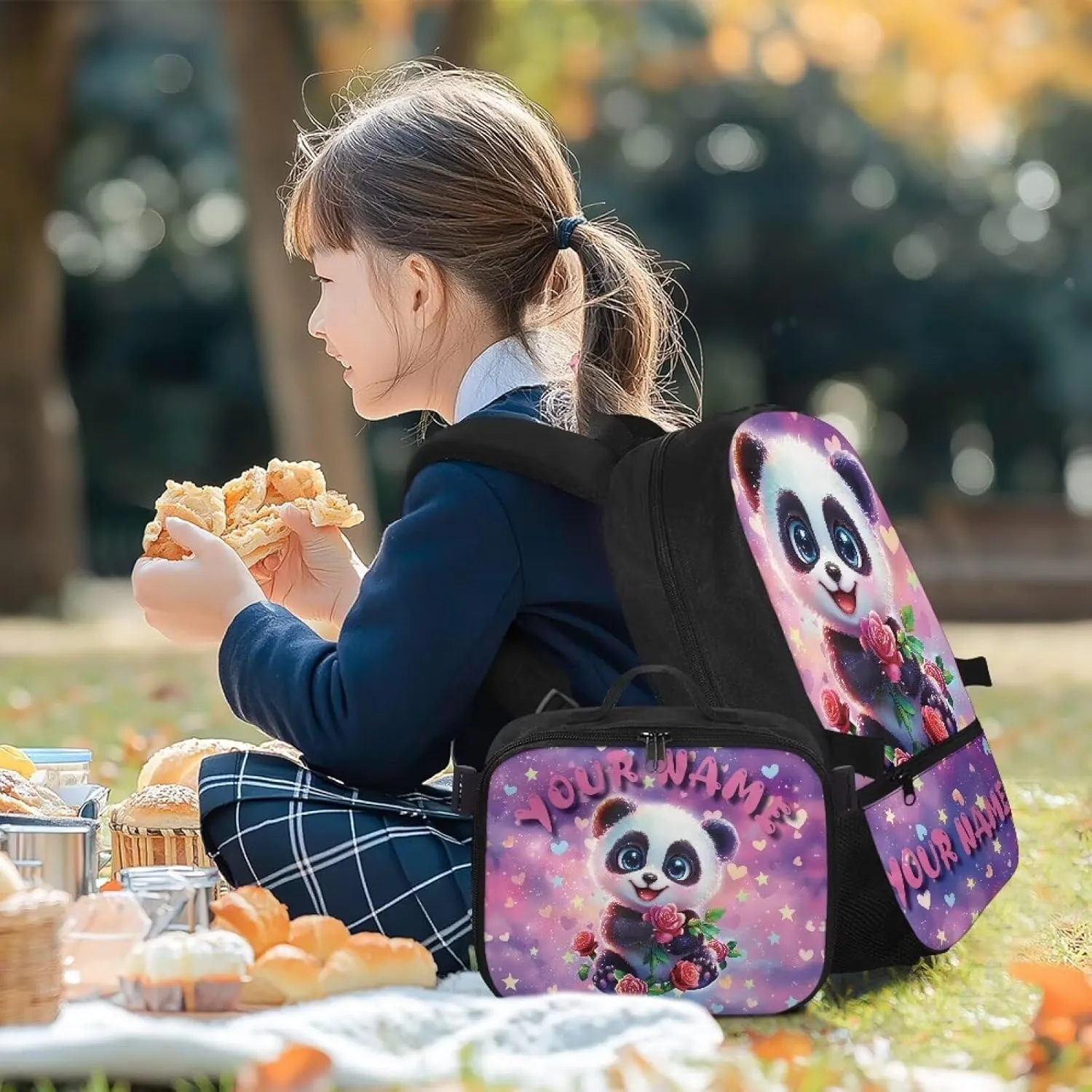 ZOUTAIRONG Cute Panda Kids Backpacks for Girls Personalized Large Capacity School Bag and Removable Dining Bag, Fashion Casual Bookbag with Side Pockets