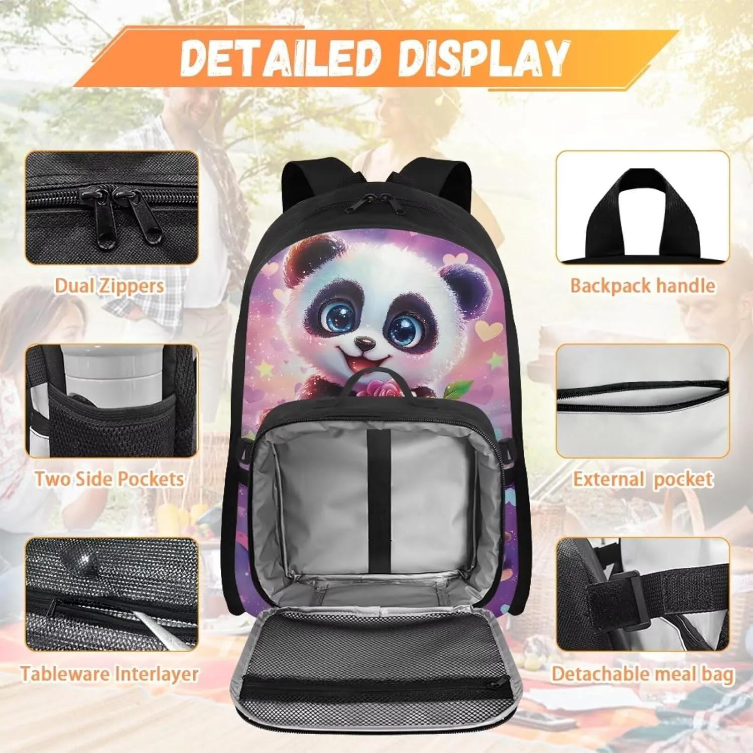 ZOUTAIRONG Cute Panda Kids Backpacks for Girls Personalized Large Capacity School Bag and Removable Dining Bag, Fashion Casual Bookbag with Side Pockets