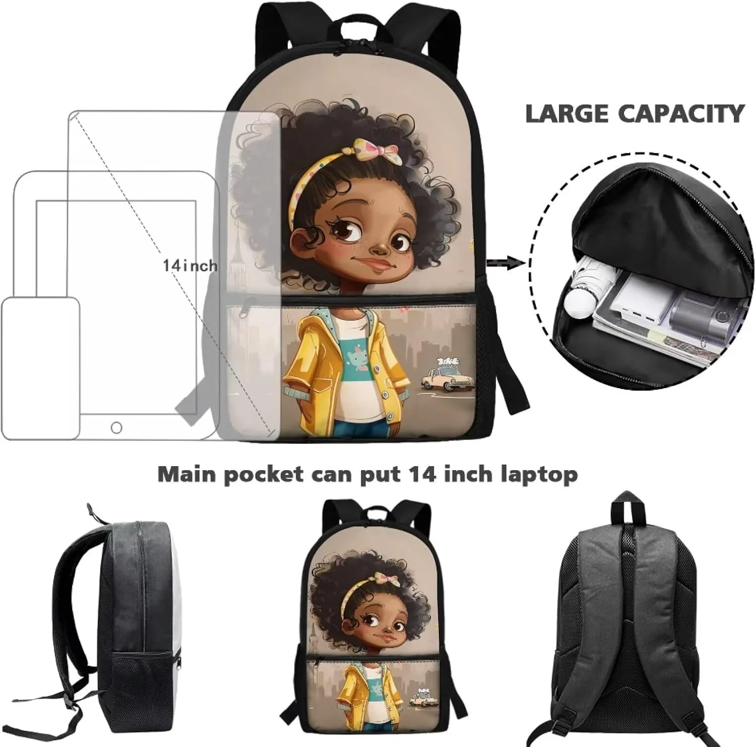 ZOUTAIRONG Magic Black Girl Backpack for School Girls 10-12 Middle School Bag Afro 8-12 Kids Bookbag with Water Bottle Holder American Book Bag 5Th Grade/4Th Grade Schoolbag Back to School
