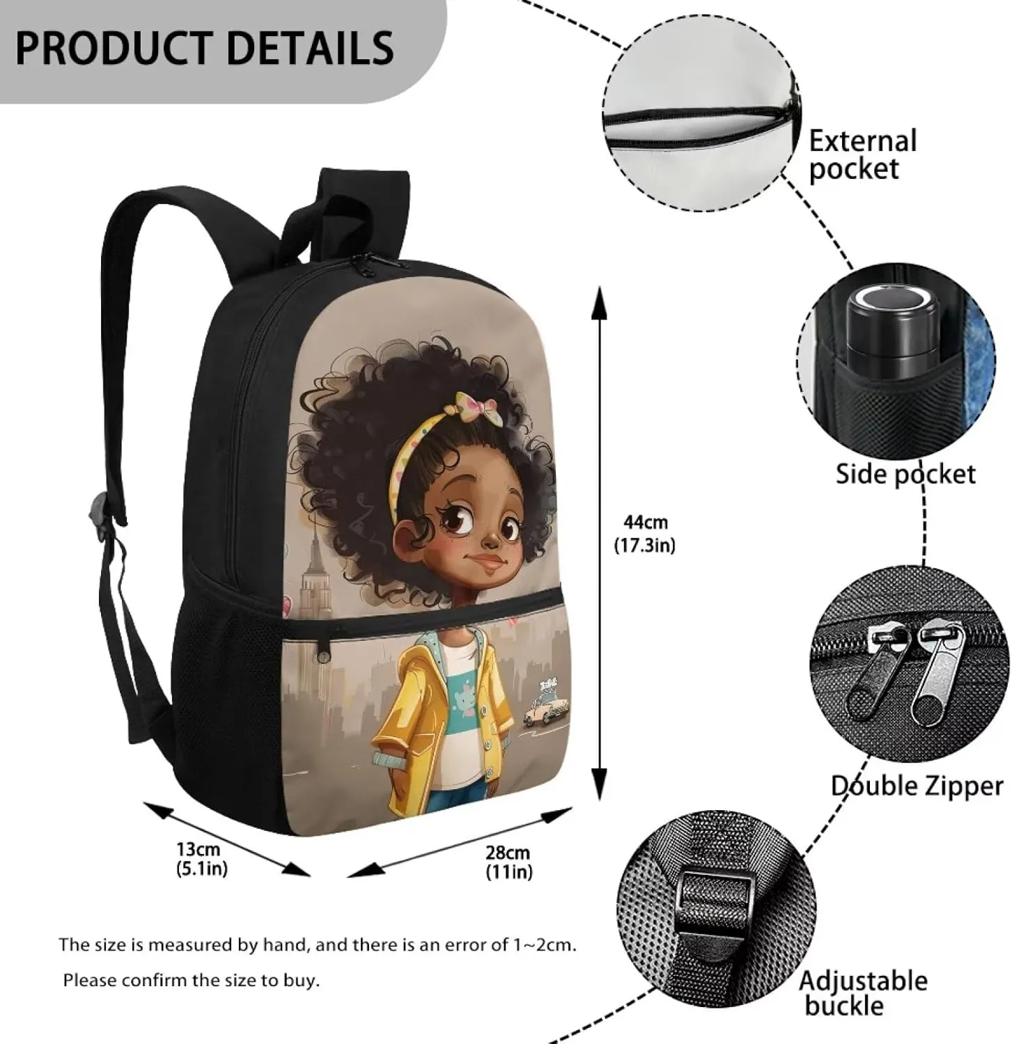 ZOUTAIRONG Magic Black Girl Backpack for School Girls 10-12 Middle School Bag Afro 8-12 Kids Bookbag with Water Bottle Holder American Book Bag 5Th Grade/4Th Grade Schoolbag Back to School