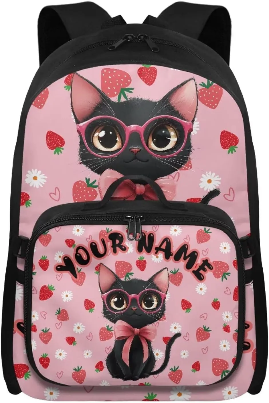ZOUTAIRONG Pink Backpack for School Removable Lunch Bag Strawberry Black Cat Print School Bags for Girls 7-10/10-12/12-16, Trendy Casual Backpack with Side Pockets