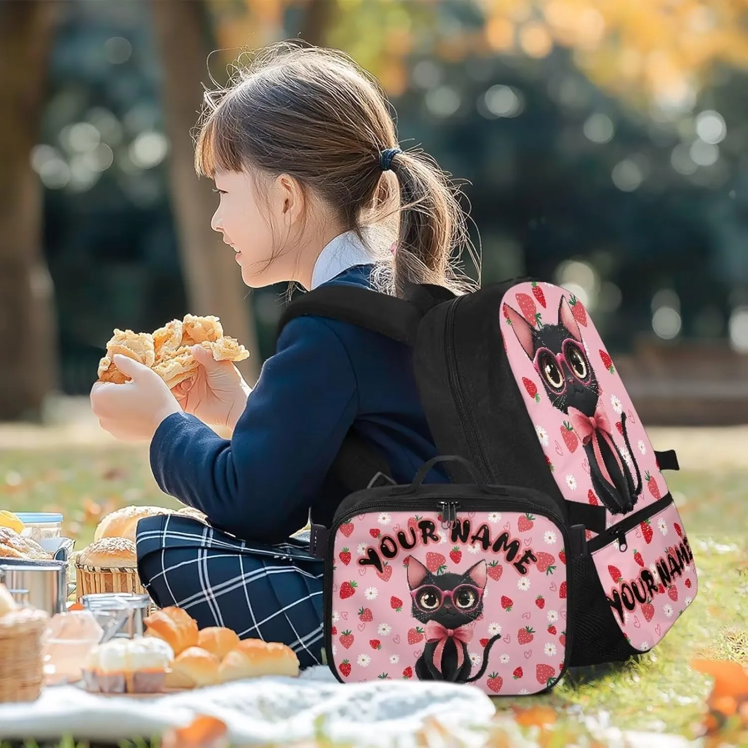 ZOUTAIRONG Pink Backpack for School Removable Lunch Bag Strawberry Black Cat Print School Bags for Girls 7-10/10-12/12-16, Trendy Casual Backpack with Side Pockets
