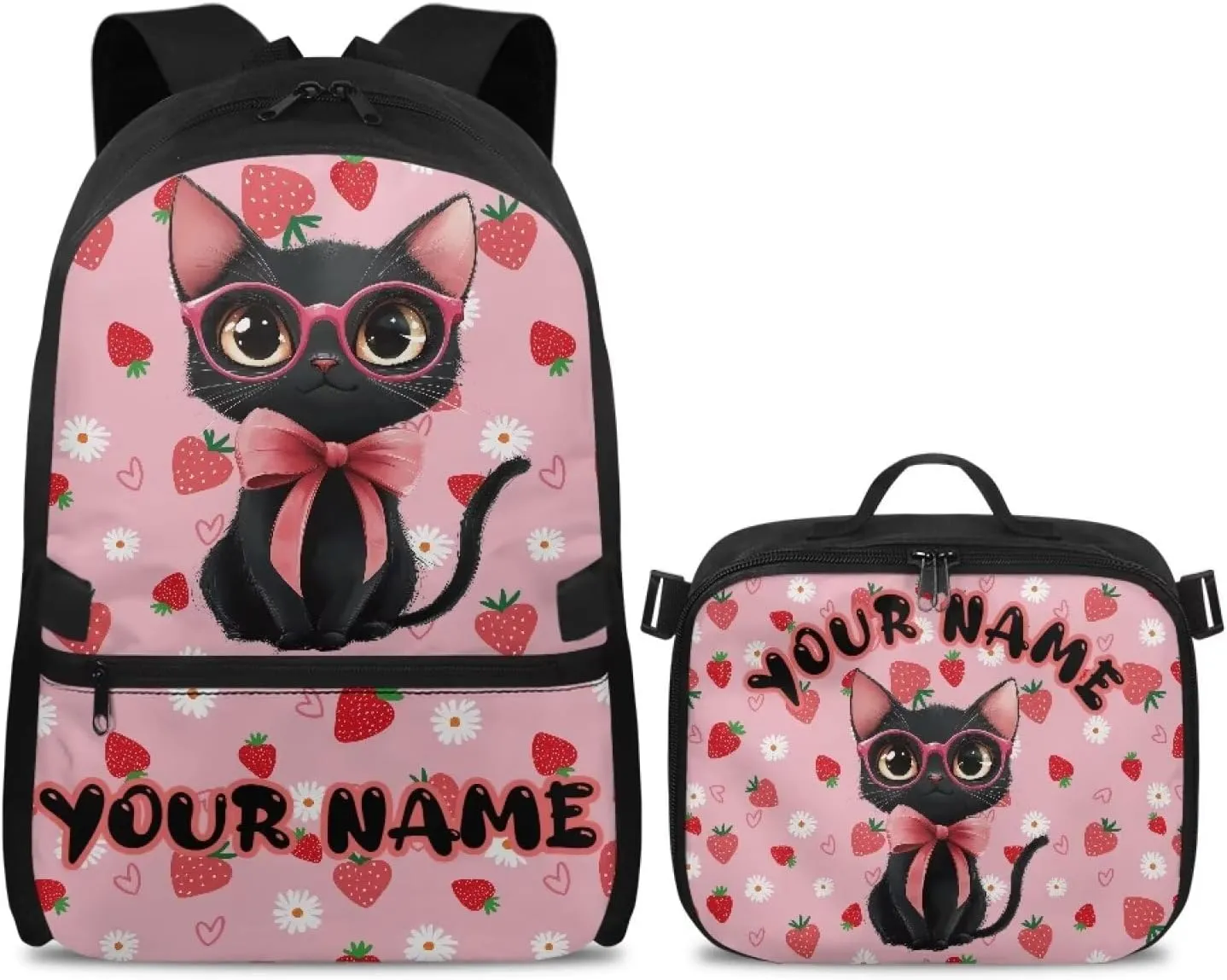 ZOUTAIRONG Pink Backpack for School Removable Lunch Bag Strawberry Black Cat Print School Bags for Girls 7-10/10-12/12-16, Trendy Casual Backpack with Side Pockets