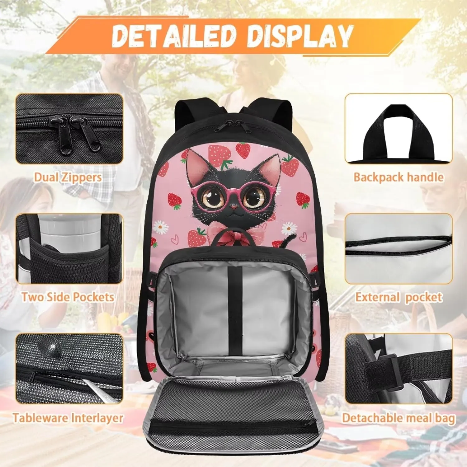 ZOUTAIRONG Pink Backpack for School Removable Lunch Bag Strawberry Black Cat Print School Bags for Girls 7-10/10-12/12-16, Trendy Casual Backpack with Side Pockets