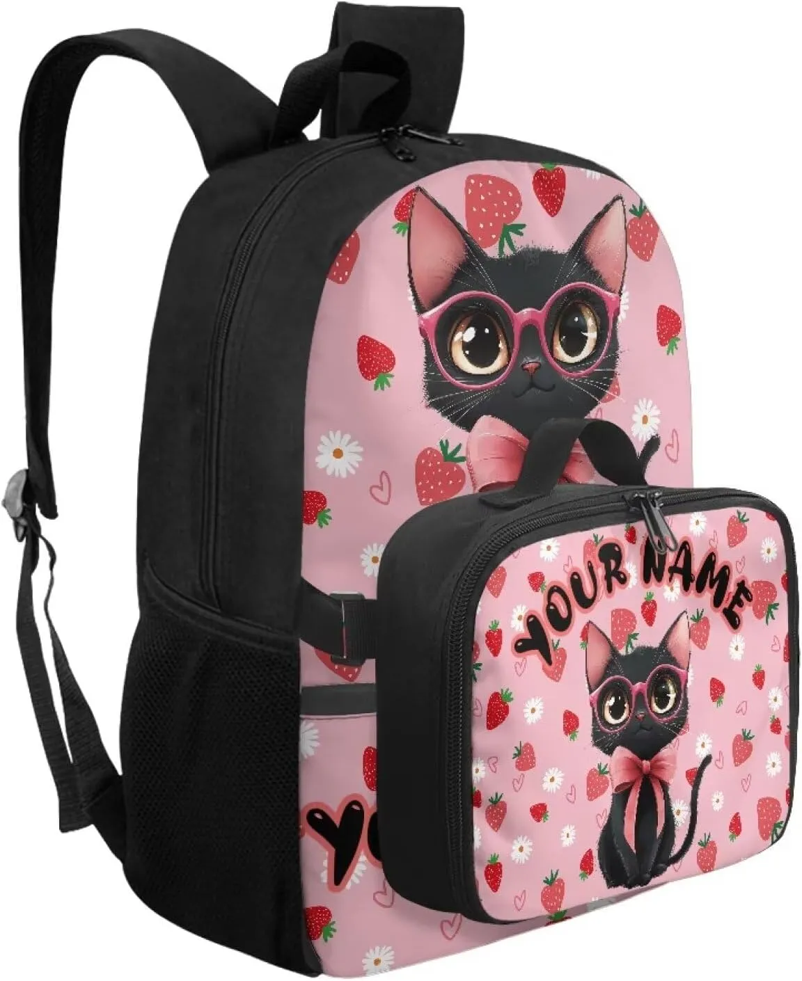 ZOUTAIRONG Pink Backpack for School Removable Lunch Bag Strawberry Black Cat Print School Bags for Girls 7-10/10-12/12-16, Trendy Casual Backpack with Side Pockets