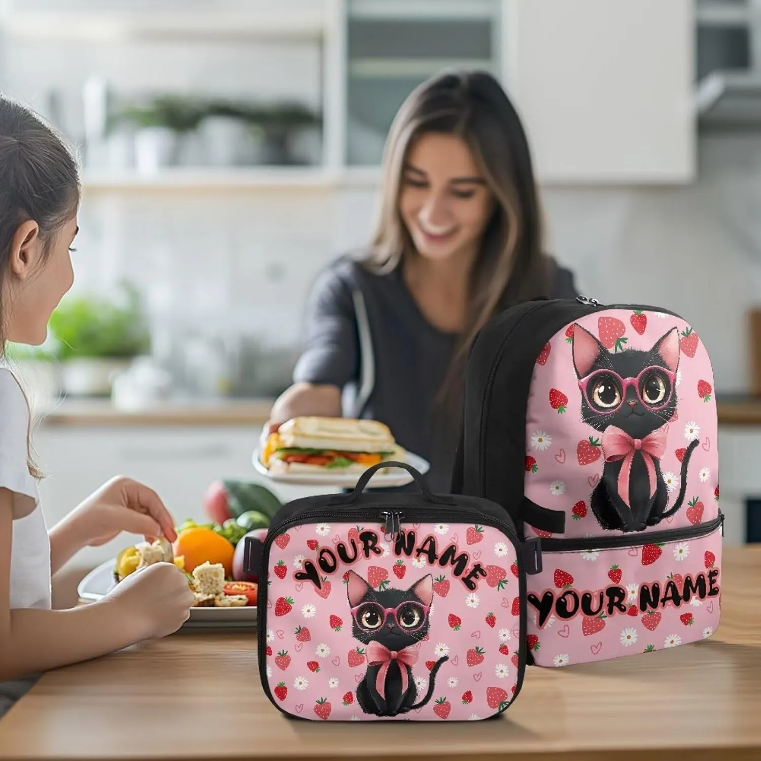 ZOUTAIRONG Pink Backpack for School Removable Lunch Bag Strawberry Black Cat Print School Bags for Girls 7-10/10-12/12-16, Trendy Casual Backpack with Side Pockets