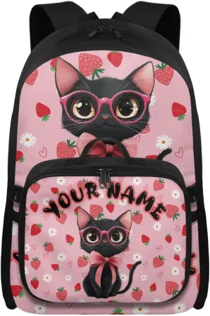 ZOUTAIRONG Pink Backpack for School Removable Lunch Bag Strawberry Black Cat Print School Bags for Girls 7-10/10-12/12-16, Trendy Casual Backpack with Side Pockets