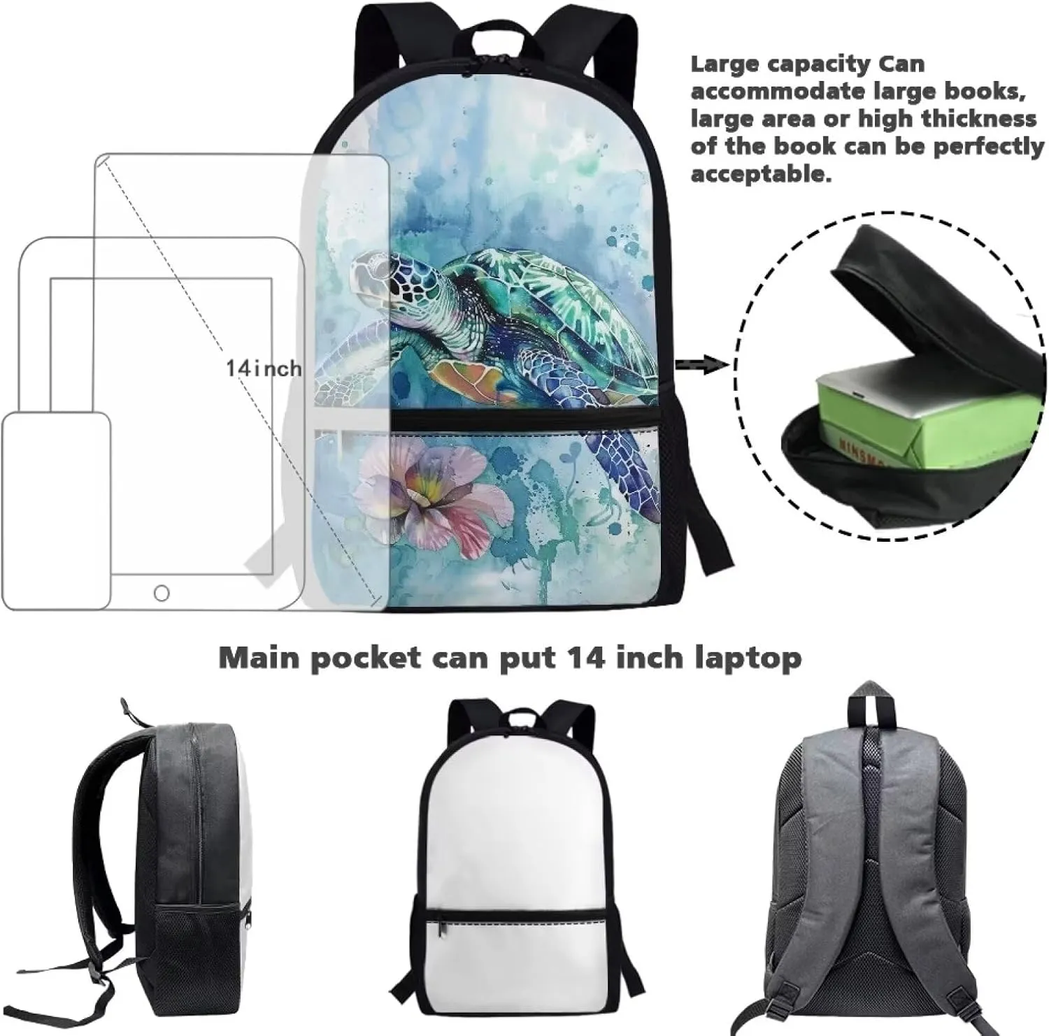 ZOUTAIRONG Sea Turtle Backpack for Girls Bookbag Age 6-8 Elementary School Bag for Boys Book bag Middle School Bag for 6TH Grade Kids School bags with Pocket 17inch Schoolbag